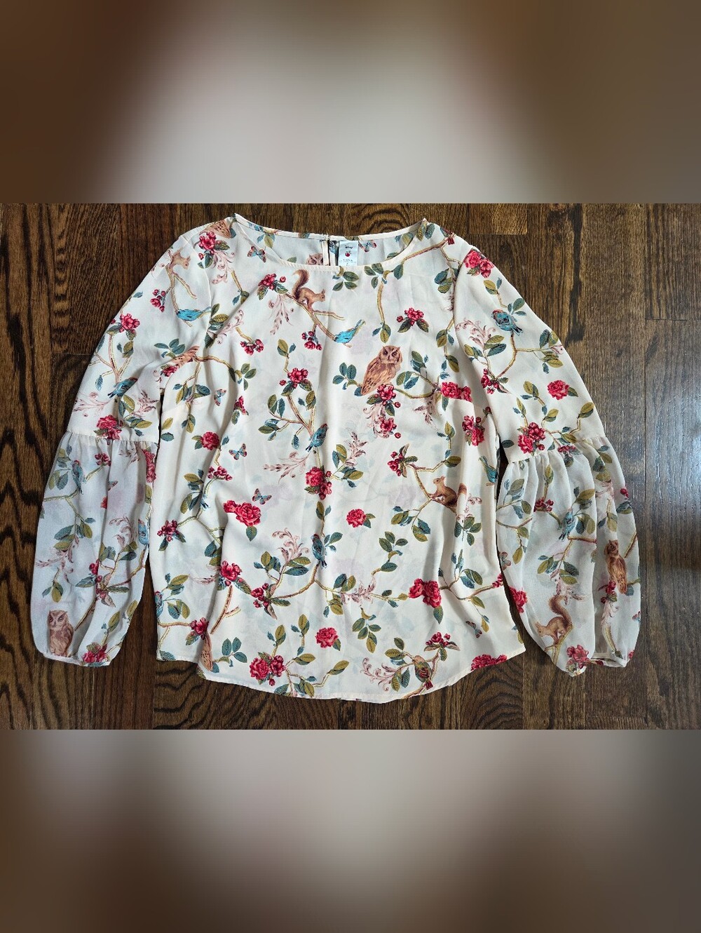 Disney Lauren Conrad Cream Floral Blouse With Whimsical Woodland Creatures